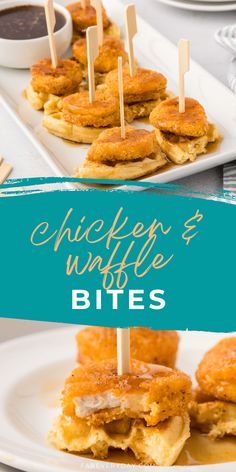 chicken and waffle bites on a white plate with toothpicks in the middle