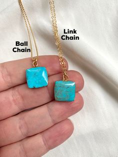 Raw Square Turquoise Pendant Necklace {Restocked! Please look through all the pictures for stone options} Turquoise never goes out of style and these Square Turquoise Pendant Necklaces are a great way to add a pop of color to any outfit. Features raw Turquoise, square cut, with a rounded edge, framed in gold electroplating. Hangs on your choice of chain. Choose your exact stone for your necklace. Use the zoom feature on the pictures for the best idea of stone features. Great, freeform and rough Blue Turquoise Necklace With Adjustable Chain For Gift, Turquoise Gemstone Square Pendant Necklace, Turquoise Gemstone Necklace With Square Pendant, Rectangular Blue Turquoise Necklace For Gifting, Blue Rectangular Turquoise Necklace Gift, Turquoise Square Pendant Necklace As Gift, Turquoise Square Pendant Necklace For Jewelry Making, Turquoise Rectangular Pendant Necklace As Gift, Turquoise Necklace With Square Pendant As Gift