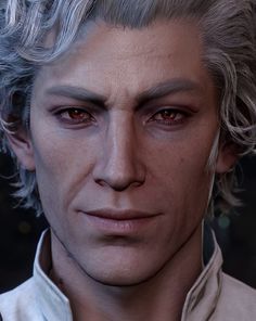 a close up of a person with grey hair and red eyes wearing a white shirt