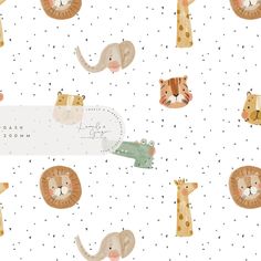 an animal themed wallpaper with giraffes, lions and crocodiles on it