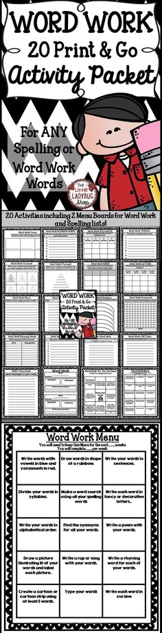 Word Work Packet {NO PREP 20- Print and Go Activities} | Word Work Activities | Spelling Activities | NO Prep | Print and Go You will LOVE using this packet of Word Work Activities for your Words Their Way |Spelling |or Vocabulary programs. Easily fits in Literacy Centers, Daily 5, small group, or homework activities!