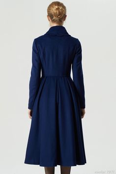 "The blue long coat is the ultimate in luxury women's outerwear and a real statement piece. The princess wool coat features pleating at the front adds structure whilst the cinched in waist and full skirt gives a feminine look. The navy stylish coat can be paired with your existing winter wardrobe easily and you'll find that this winter wool dress coat matches everything you own. DETAIL * 50% wool, 50% fiber, nylon, polyester * Polyester Lining * Lapel collar, Long sleeves * Fitted waist * Two si Blue Double-breasted Peacoat With Notch Lapel, Blue Double-breasted Long Sleeve Pea Coat, Blue Pea Coat With Button Closure And Lapel Collar, Blue Double-breasted Long Sleeve Peacoat, Blue Single Breasted Pea Coat With Lapel Collar, Blue Single-breasted Pea Coat With Lapel Collar, Elegant Blue Peacoat With Lapel Collar, Blue Long Sleeve Double-breasted Peacoat, Blue Double-breasted Pea Coat With Notch Lapel