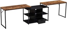 two wooden tables with black metal legs and shelves on each side, one is open