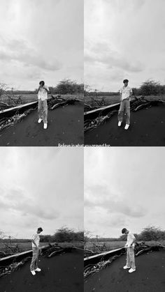 four different shots of a man standing on train tracks with his hands in the air