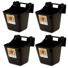 four black plastic storage bins with handles