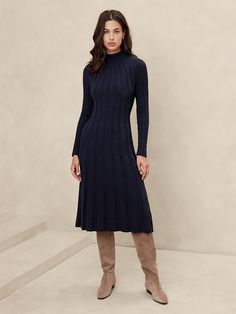 Ribbed Fit-and-Flare Midi Dress | Banana Republic Factory Simple Sweater Dress, The Diplomat Outfits, Winter Church Dresses, Sweater Dresses With Boots, Black Dress Brown Boots, Fall Dress Outfit With Boots, Winter Date Night Outfit Dressy, Women Work Dresses, Dress For Family Pictures