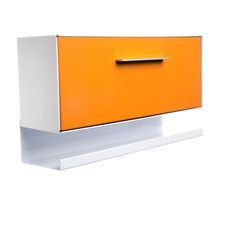 an orange and white cabinet is shown against a white background with the bottom drawer open