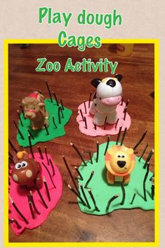 the cover of play dough cages for zoo activity with animals and plants on top of them