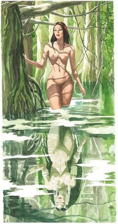 a painting of a naked woman in the water surrounded by trees and plants with her reflection on the water