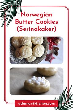 three different types of cookies with white frosting on them and pine branches in the background