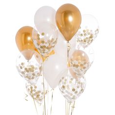 gold and white balloons with confetti on them