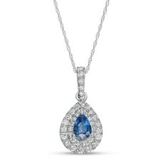 Fashioned in 14K white gold, this 3/8 ct. t.w. diamond double frame pendant features a 6.0 x 4.0mm pear-shaped blue sapphire center stone. The pendant suspends along an 18.0-inch rope chain that secures with a spring-ring clasp. Sapphire Platinum Jewelry With Pave Setting, Platinum Diamond Necklace With Gemstone, White Gold Sapphire Pear-shaped Necklace, Pear-shaped Sapphire Necklace In White Gold, Classic Diamond Necklace With Sapphire, White Gold Sapphire Jewelry With Pave Setting, Elegant Sapphire Diamond Necklace In White Gold, Fine Jewelry Pear-shaped Diamond Necklace With Gemstone, Elegant White Gold Sapphire Diamond Necklace