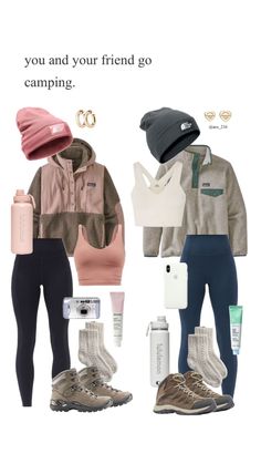 an image of a woman's outfit and shoes with the words, you and your friend go camping