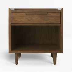 a wooden nightstand with two drawers on one side and an open drawer on the other