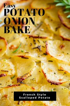 an easy potato onion bake on a white plate with rosemary sprigs in the background