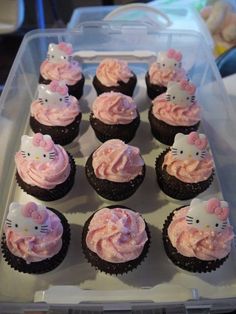 hello kitty cupcakes with pink frosting in a plastic container