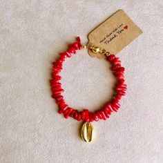 Bamboo Red Coral Bracelet with hypoallergenic gold stainless steel magnet closure and gold stainless steel shell charm Coral Bracelet Ideas, Gold Red Coral Bracelets As Gift, Gold Red Coral Bracelets For Gifts, Gold Bracelets With Red Coral As Gift, Gold Red Coral Bracelet As A Gift, Gold Red Coral Bracelet For Gift, Gold Shell Bracelet As A Gift, Gold Shell Bracelet Gift, Red Coral Bracelets As A Gift