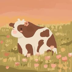 a brown and white cow standing on top of a lush green field filled with flowers