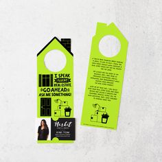 a green door hanger with an advertisement for a real estate agent's house