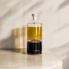 a bottle of oil sitting on top of a table