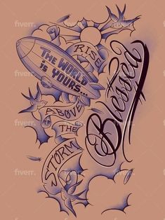 an artistic tattoo design with the words and symbols in blue ink on a pink background