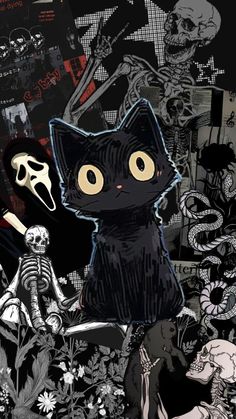 a black cat sitting on top of a pile of skulls next to a human skeleton