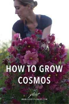 a woman with flowers in her hands and the words how to grow cosmos