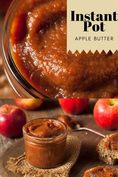 an apple butter recipe in a glass bowl with apples around it and the words instant pot on top