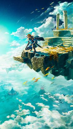 the legend of zelda is flying through the sky above some clouds and fish in front of him