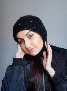 Black sequins Angora Knit adult bonnet This hat is knitted from angora mink yarn with sequins cotton yarn  It is very warm and gentle. suitable for people with sensitive skin. It will wonderfully complement your image and warm in cold weather.  Fits the size of the head 55-60 cm.  Care of the product:  only hand wash! wash in water no more than 30 degrees! It is easy to squeeze and decompose on a flat surface and dry. Do not wash in the washing machine! in the water more than 30 degrees! Do not iron Cold Weather Fits, Sequin Bow Tie, Aviator Hat, Hat Knit, Bonnet Hat, Sequin Bow, Skull Cap Beanie, Style Expert, Skull Cap