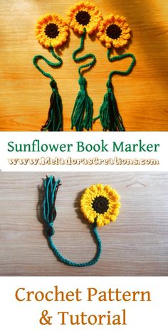 the sunflower book marker is made with crochet yarn and tassels