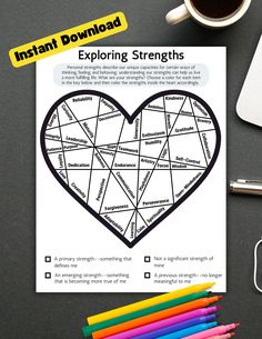 Find this colouring sheet in a 2 pack with an "Exploring Values" worksheet, here: https://www.etsy.com/ca/listing/1731446257/values-and-strengths-coloring-worksheets?ref=listings_manager_grid This strengths worksheet is great for both youth and adult therapy clients! Choose a color for each statement in the key at the bottom of the page, and then color each strength in the heart accordingly. This therapy tool allows you to see how personal strengths have changed over time, and continue to change Wellness Tools, Kids Therapy, Coping Skills Activities, Counseling Worksheets, Coloring Worksheet, Mental Health Activities, Health Activities, Counseling Activities, Art Therapy Activities