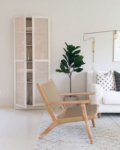 a living room with a white couch, chair and potted plant