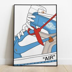 a blue and white sneaker poster with the word air on it's side