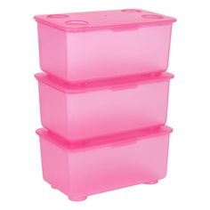 three pink plastic storage containers stacked on top of each other, one is empty and the other has no lid