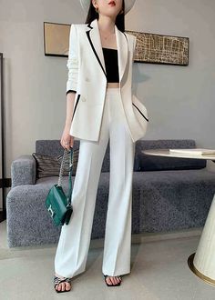 Women's Asymmetric Collar Double Breasted Blazer Pants Suit Set White Tailored Pants For Semi-formal Occasions, White Tailored Semi-formal Pants, Semi-formal Tailored White Pants, Modern White Formal Pants, Semi-formal White Spring Pants, White Semi-formal Spring Pants, White Double Breasted Long Sleeve Suit For Office, White Double Breasted Suit With Suit Collar For Office, White Long Sleeve Double Breasted Suit For Work