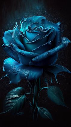 a blue rose with water droplets on it's petals is shown in the dark