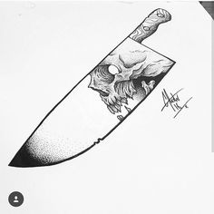 a black and white drawing of a knife with a skull on it's blade