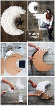 how to make a moon pinata with white paper and black stars on the top