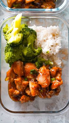 two plastic containers filled with chicken, broccoli and white rice on top of a table