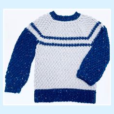 a blue and white knitted sweater with stripes on the sleeves, in front of a light blue background