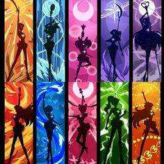 the silhouettes of anime characters are painted in different colors and sizes, with an artistic background