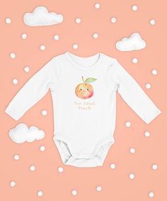 This absolutely adorable One Sweet Peach long sleeve bodysuit will be the perfect outfit for your daughter's peach-themed first birthday party! Match this with our One Sweet Peach wrapping paper and velveteen blanket (sold separately) for perfect coordinated photo shoot.  The infant long sleeve bodysuit is made of 100% smooth cotton fabric, which will be soft against the young one's delicate skin.  Even better - we have matching One Sweet Peach items to make your little one's party perfectly coo Long Sleeve Onesie For Birthday, White Long Sleeve Onesie For Birthday, Pink Long Sleeve Romper For First Birthday, White Long Sleeve Onesie For First Birthday, One Sweet Peach, Themed First Birthday, Cute Peach, Cowgirl Gifts, Custom Wrapping Paper