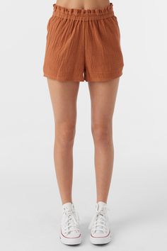 O'Neill Girl's woven pull-on short 2" Inseam Length, 10 1/2" Rise Length Paper Bag Elastic Waistband Front Hip Pockets 100% Cotton Crinkle Double Gauze | O'Neill Girl's Carlita Crinkle Double Gauze Shorts in Sierra, Size Small Brown Summer Shorts With Elastic Waistband, Summer Brown Shorts With Elastic Waistband, Brown Athletic Shorts With Built-in Shorts For Summer, Casual Brown Athletic Shorts For Summer, Elastic Waistband Shorts For Spring, Casual Solid Color Pull-on Shorts, Brown Summer Athletic Shorts, Casual Pull-on Style Shorts, Sporty Brown Shorts For Spring