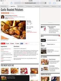 the website for garlic roasted potatoes is displayed