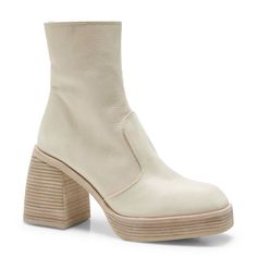 Size: Eu 39.5 / Us 9 Color: Bone Step Out In Style With This Powerful Platform Bootie Featuring A Towering Stacked Heel. A Bonus Side-Zip Closure Makes It Easy To Slip Off When The Day Is Through. - 3 1/2" Heel; 1" Platform - 6 1/2" Shaft - Leather Upper And Lining/Rubber Sole - Made In Spain High Heel Boots With Contrasting Heel For Spring, Spring High Heeled Boots With Contrasting Heel Counter, Spring Ankle-high Heeled Boots With Contrasting Heel, Spring Platform Heeled Boots With Round Toe, Cream Calf Leather Heels For Spring, Spring Cream Calf Leather Heels, Cream Leather Heels With Platform, Spring Ankle Heeled Boots With Leather Sole, Cream Leather Platform Heels