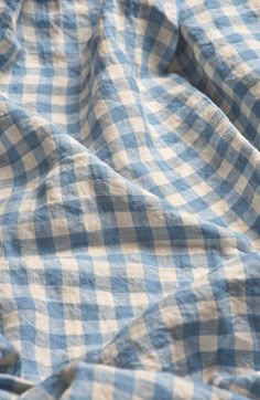 the blue and white checkered shirt is laying on top of it's bed