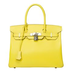 Hermes Splendid Birkin 30 Handbag In Lime Epsom Leather, Shw on Chairish.com Yellow Picnic, France Stamp, Birkin 30, Hermes Birkin 30, Picnic Bag, Hermes Paris, Top Handle Bags, Metal Trim, Yellow Leather