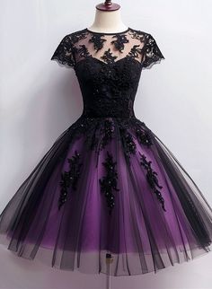 Any things please feel free to contact us: sales@cutedressy.com ******* Product Details******* Product Number:#GVB4 Fabric: Black and Purple Color: Tulle Back Style: Lace-up Hemline: Knee Length Making time: 2-3 weeks, Shipping time: 3-5 working days. Custom size/color, Rush Order is available, and no extra cost.  **** Short Sleeve Party Dress With Illusion Neckline, Party Dress With Illusion Neckline And Short Sleeves, Short Sleeve Dress With Illusion Neckline For Party, Prom Dress Medium Length, Purple Short Sleeve Evening Dress For Party, Black Tulle Dress With Illusion Neckline, Fitted Tulle Dress With Illusion Neckline, Purple Tulle Dress For Banquet, Black Organza Dresses For Prom