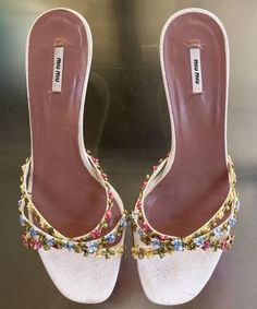 F1 Fits, Josie Core, Vintage Miu Miu, Miu Miu Heels, Autumn Shoes, Pretty Heels, Heels Aesthetic, Jeweled Shoes, Face Accessories